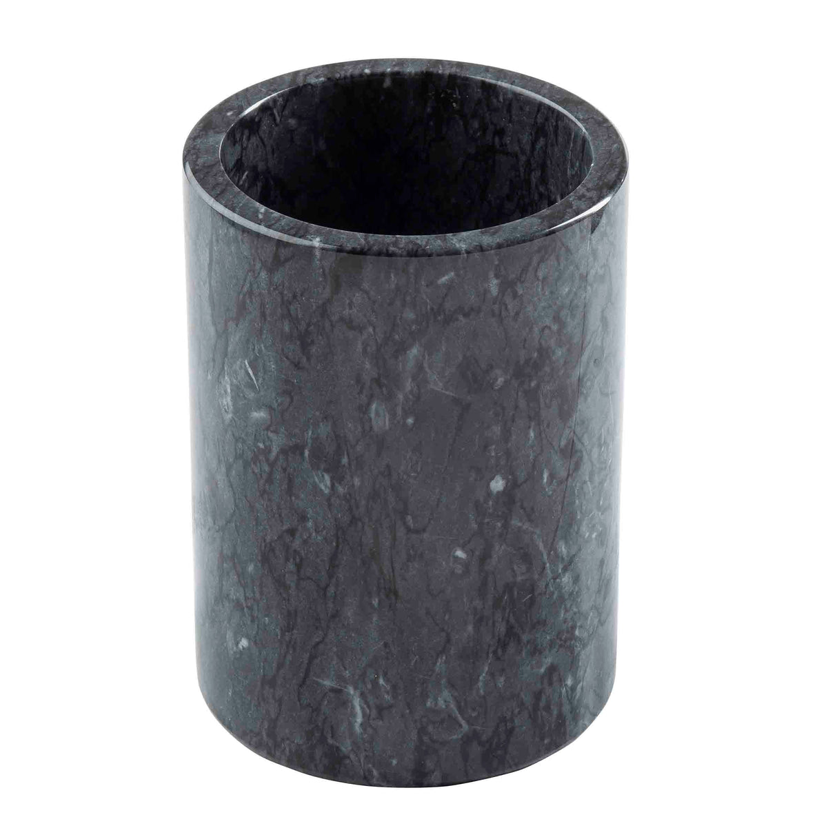 A cylindrical, upright black marble wine cooler with a smooth, polished surface and subtle gray and white marbling patterns. The opening at the top is empty, revealing the thickness of the marble wall. The object stands against a white background.
