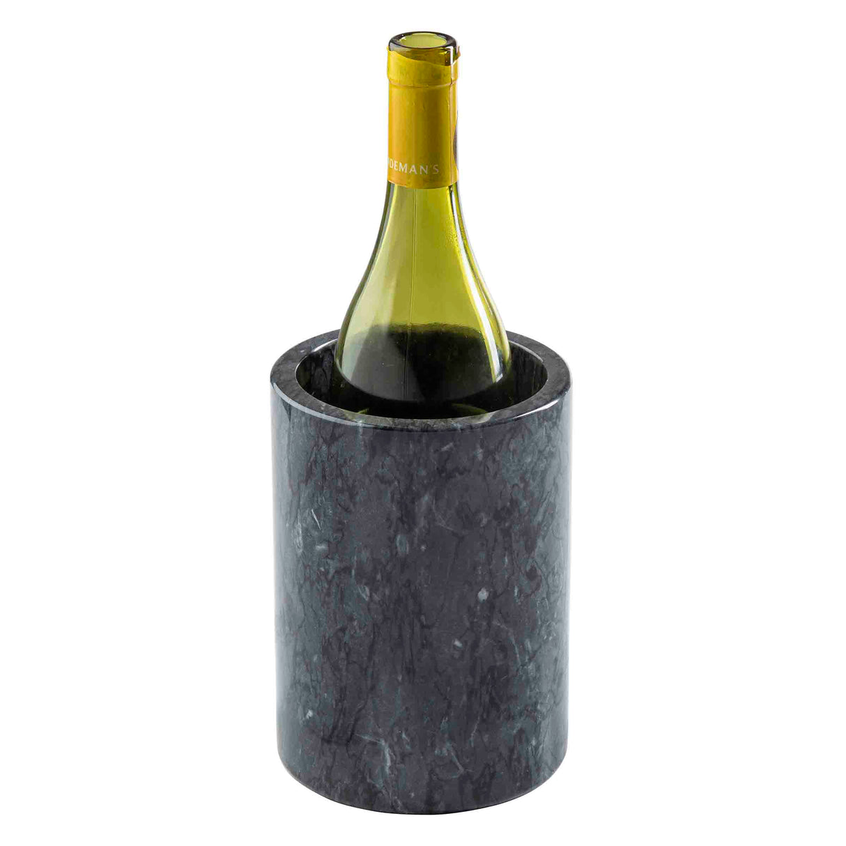 A green wine bottle sits upright in a cylindrical TableCraft black marble wine cooler with a smooth, polished finish, isolated on a white background.