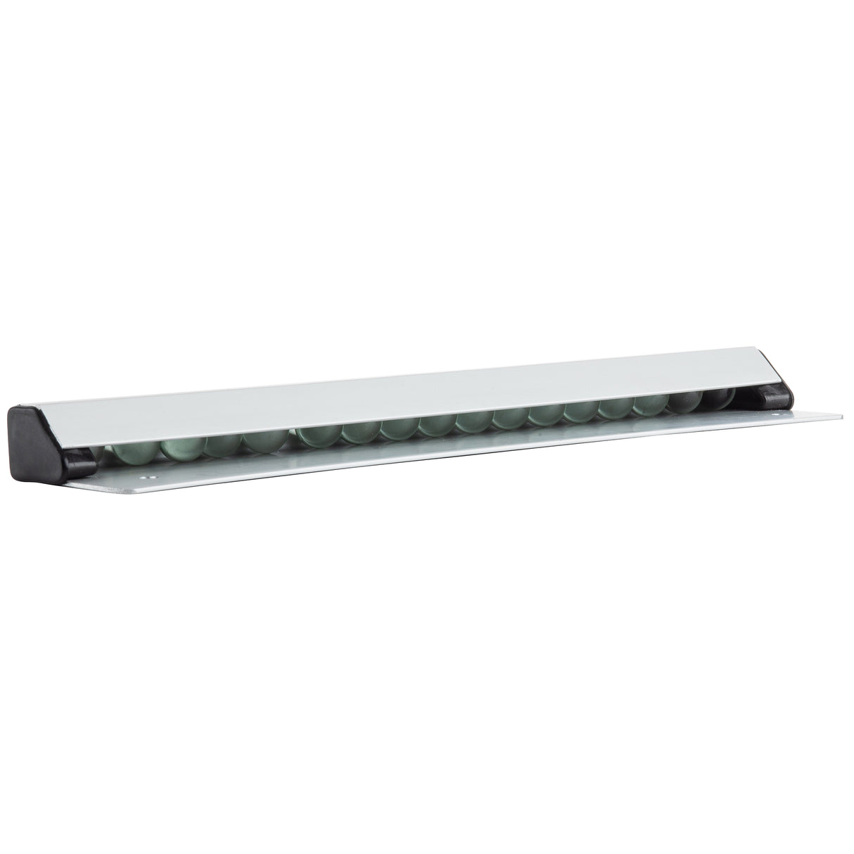 A white aluminum rolling conveyor rail with multiple black plastic rollers, angled slightly upward. The ends are capped with black plastic, making it ideal as an order rack for moving boxes or items in industrial or warehouse settings.