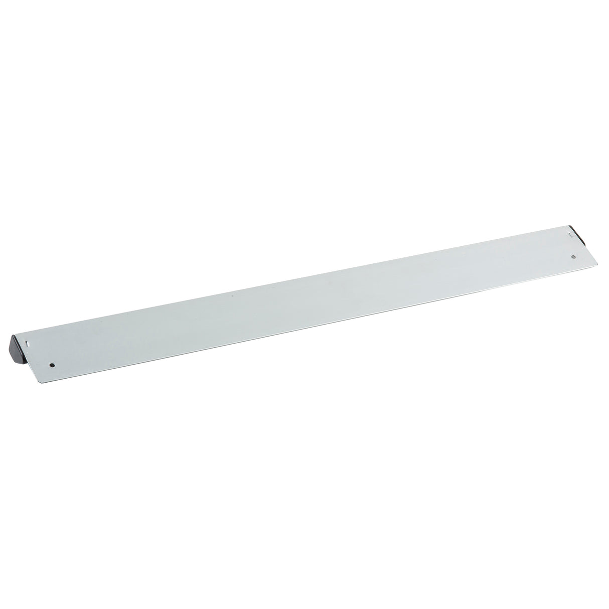 A long, flat, rectangular aluminum panel with a smooth silver finish, small holes near each end, and slightly angled corners—ideal for use as an order rack—shown isolated on a white background.