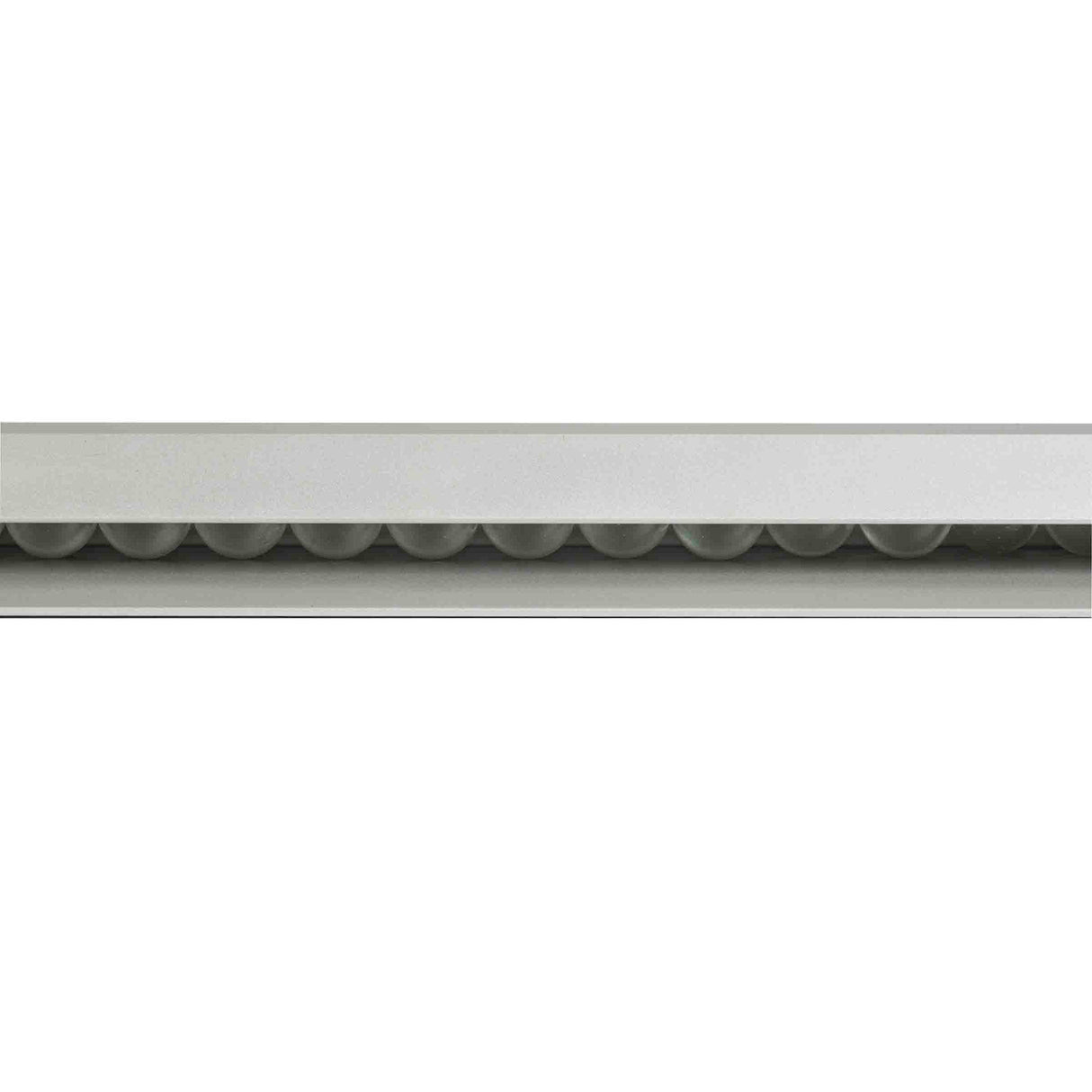 A close-up image of a white rectangular air vent with a row of round, evenly spaced openings visible through the central horizontal slot, set against a plain white background. The aluminum finish gives it a clean and modern appearance.
