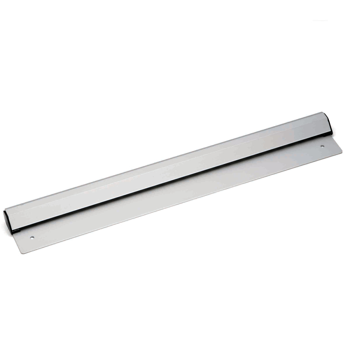A silver aluminum magnetic knife strip with a sleek, rectangular metal design. It has a smooth front surface for holding knives, two screw holes on each end for wall mounting, and is photographed against a white background.