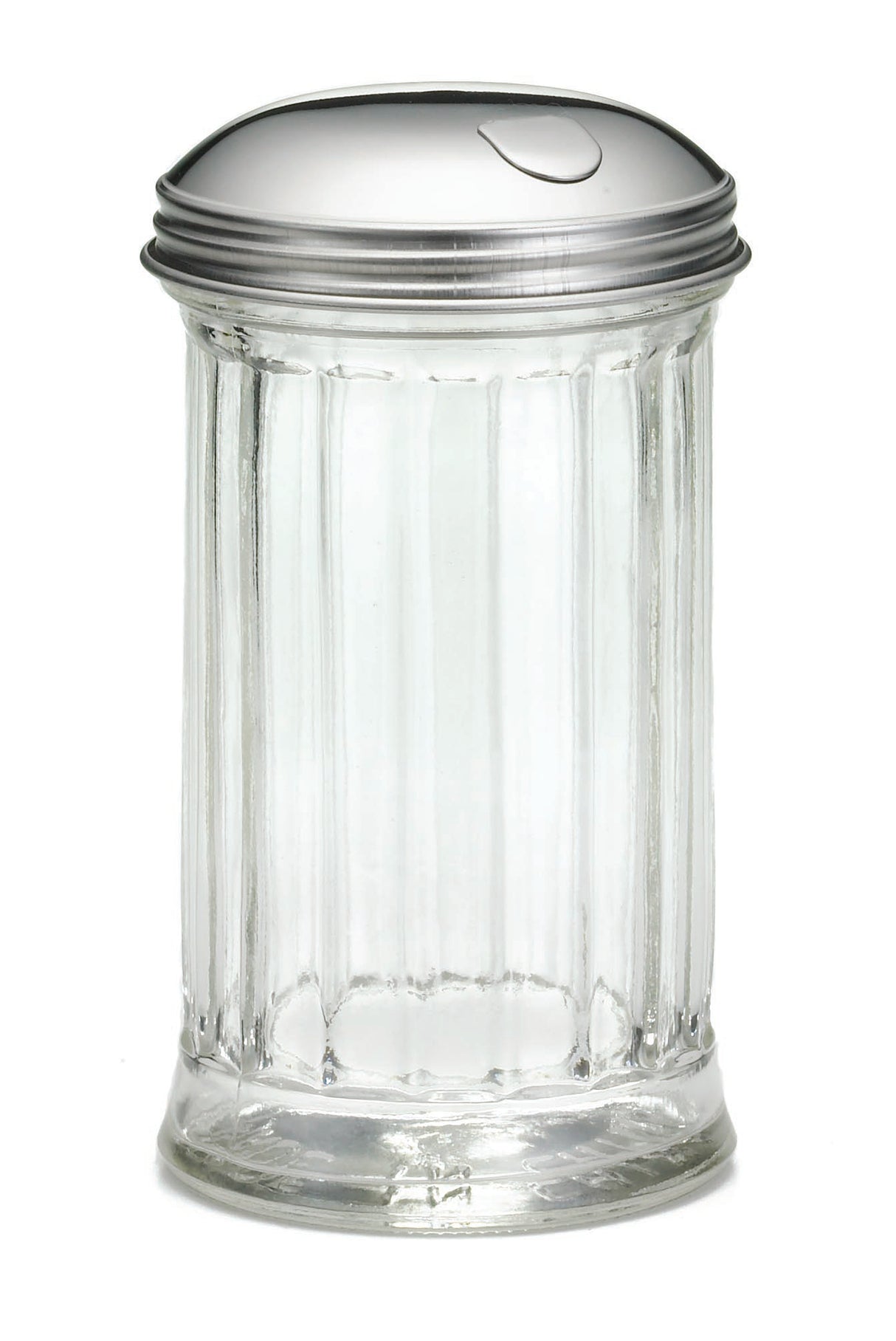 A clear, fluted glass sugar dispenser with a shiny stainless steel lid featuring a small, crescent-shaped pourer. The dispenser is empty and photographed against a white background.