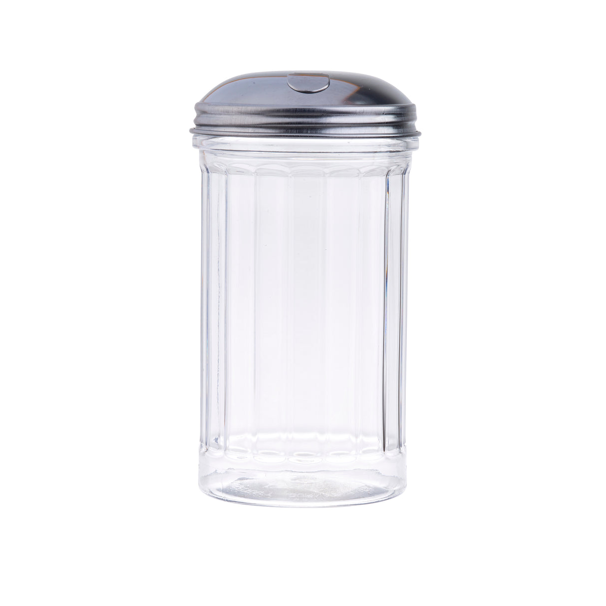 A clear, fluted glass sugar dispenser with vertical ridges and a shiny stainless steel lid featuring a small slot for pouring. The background is plain white.