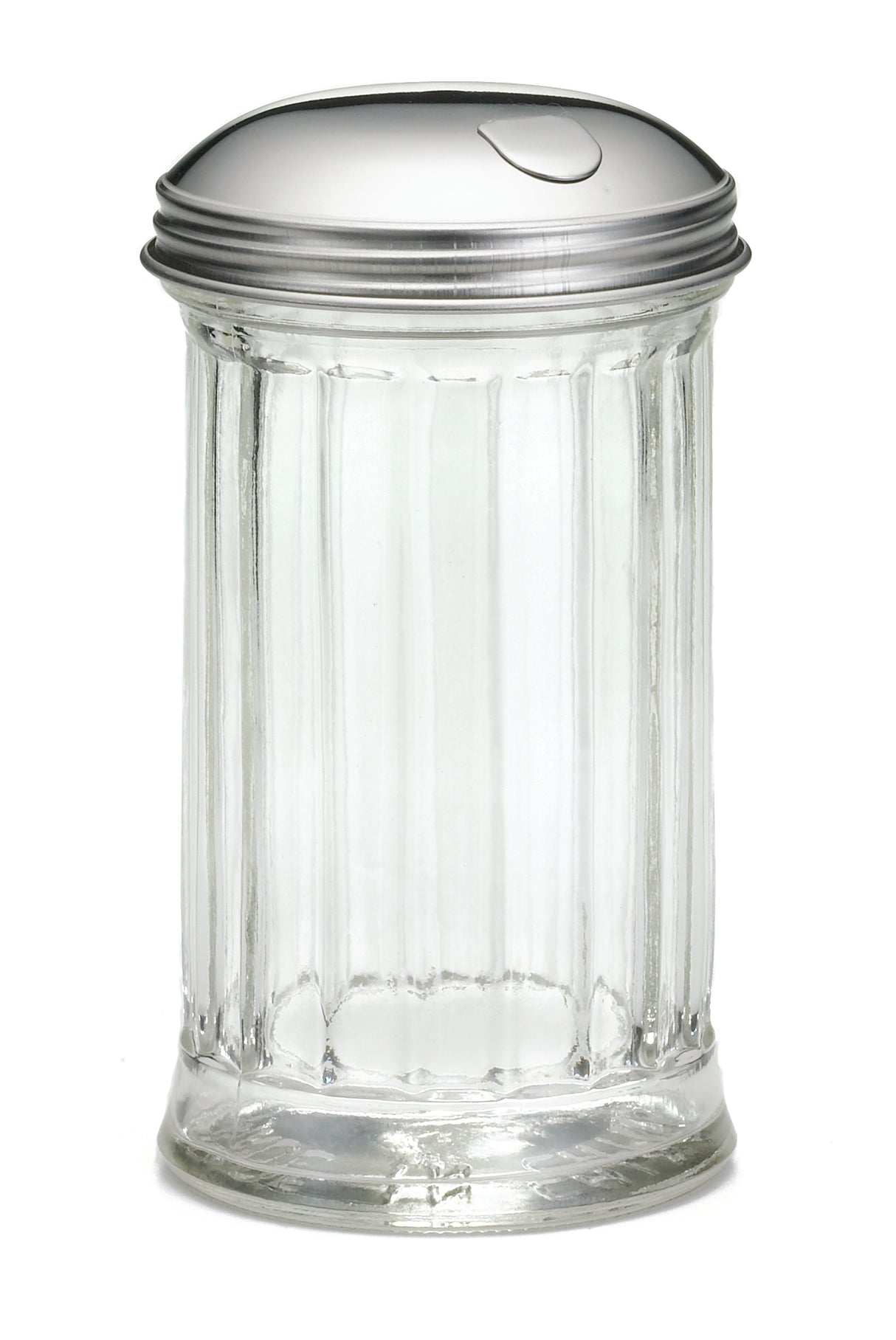 A clear, empty, fluted glass sugar dispenser with a shiny metal pourer lid and a small slot for pouring. The cylindrical container stands upright on a white background and is dishwasher safe.