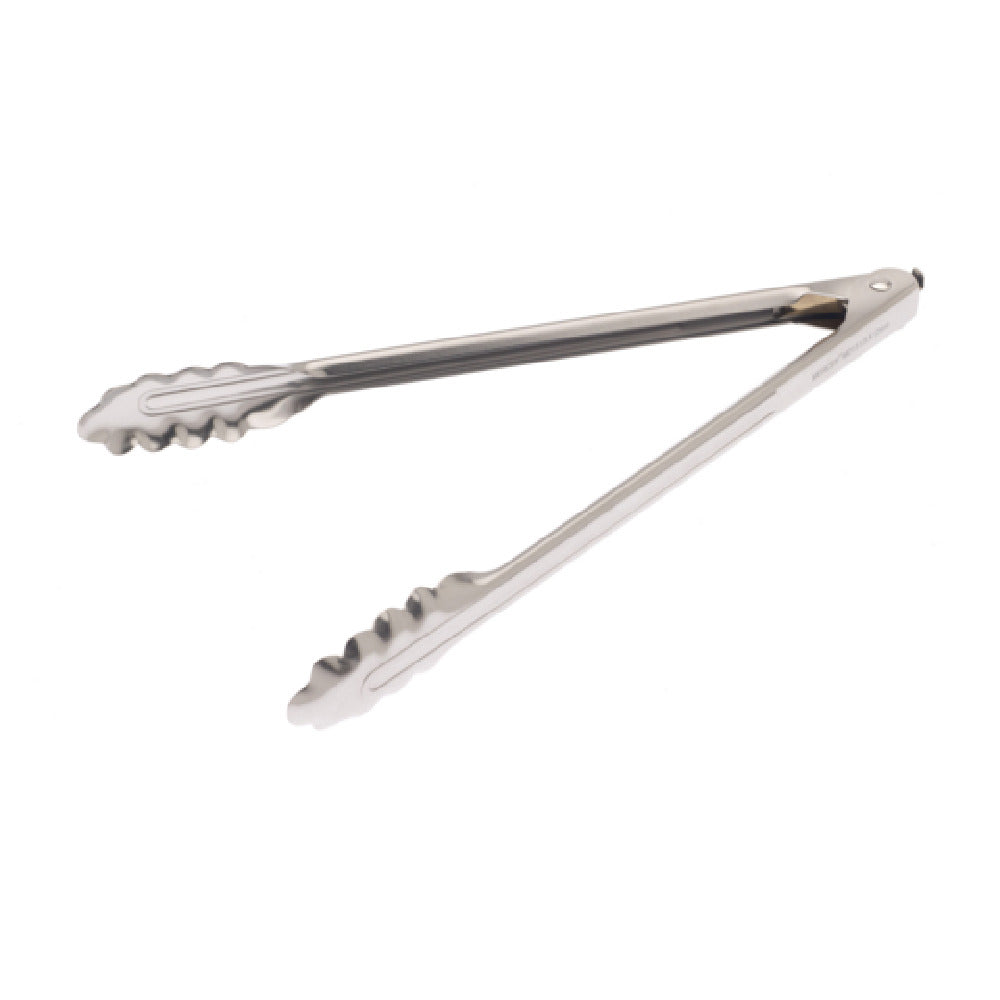 Mercer Culinary M21512LK 12" Utility Tong Pull Locking Mechanism Scalloped End 18-0 Stainless Steel