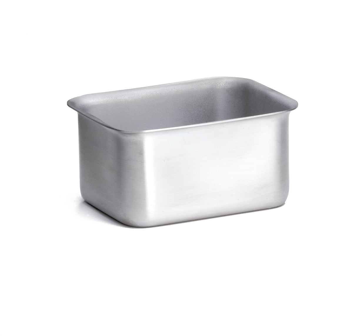 A rectangular stainless steel sugar packet rack with rounded edges and a slightly flared rim rests on a white background. The smooth, matte-finished surface is dishwasher safe, and the interior is empty.