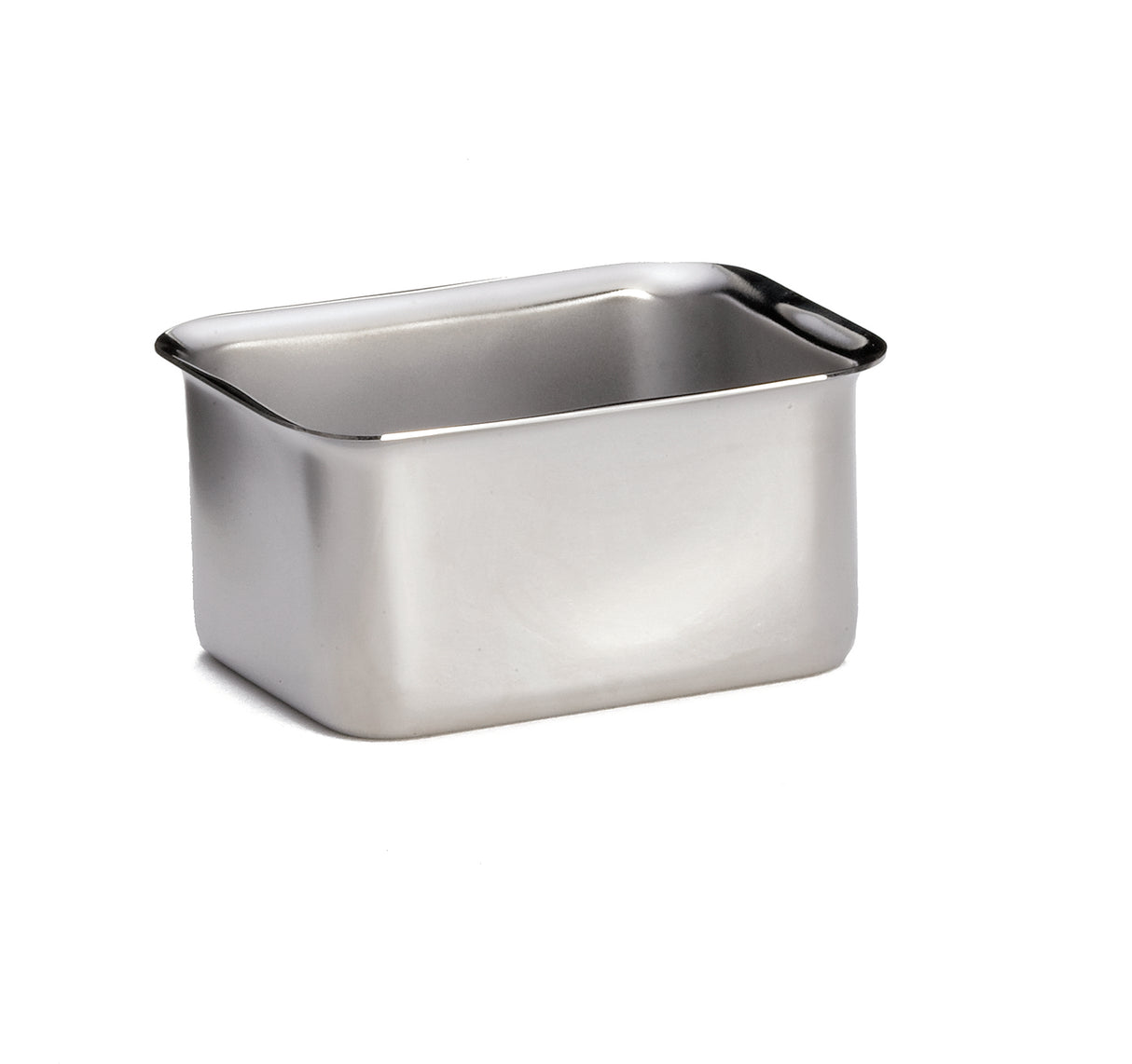 A rectangular stainless steel container with rounded corners and slightly flared edges, shown on a white background. The smooth, reflective surface makes it ideal as a Sugar Packet Rack and is dishwasher safe for easy cleaning.