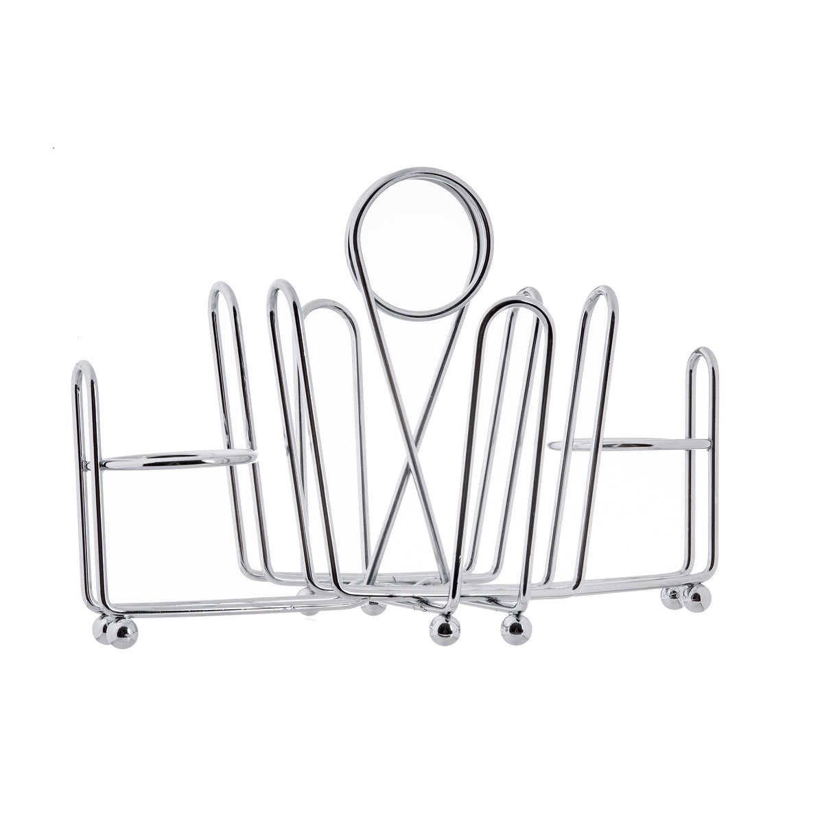 A shiny, chrome plated toast rack with five slots for holding slices of toast. The minimalist design features curved, parallel bars and a looped handle, standing on four ball feet. Ideal for pairing with salt and pepper shakers on a white background.