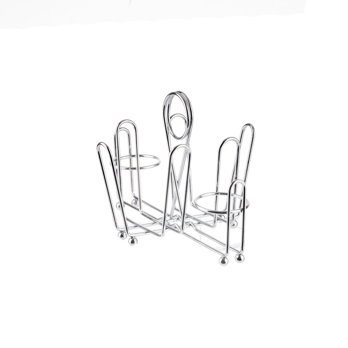 A chrome plated toast rack with five slots for holding slices of toast vertically. The rack features a central handle and stands on four small round feet. The image shows the rack against a plain white background.