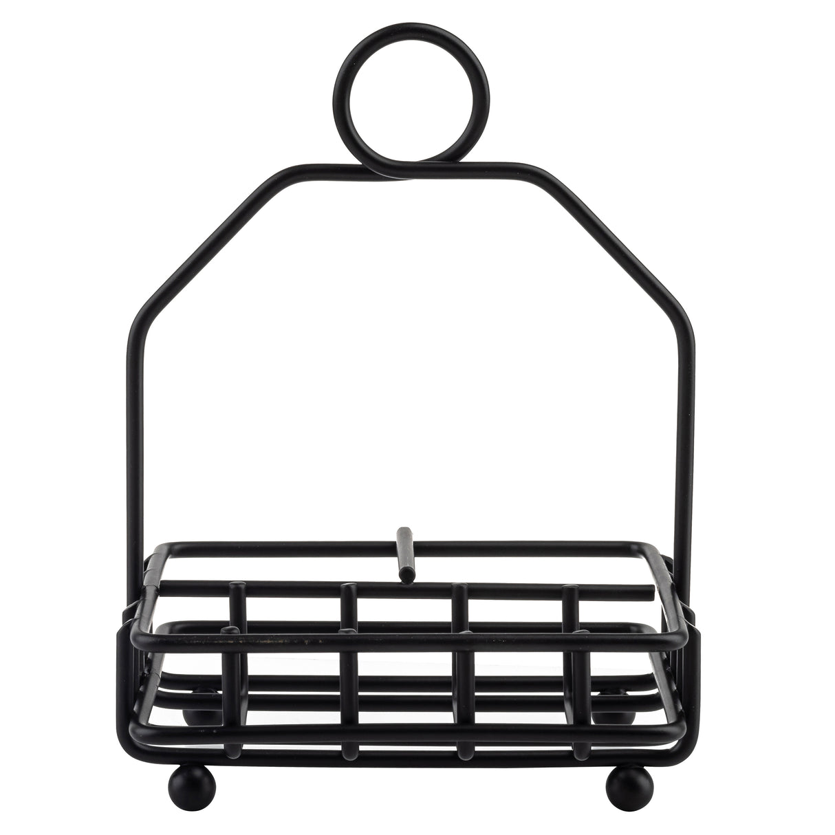 A black powder coated metal napkin holder with a rectangular base, grid design, four small round feet, and a tall handle featuring a circular ring at the top. This TableCraft Products piece is empty and photographed against a white background.