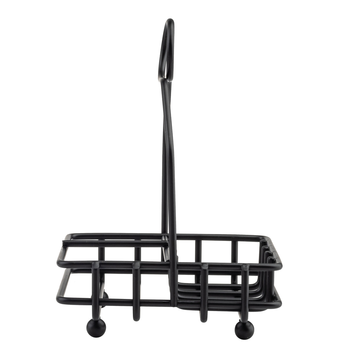 A black powder coated metal napkin holder by TableCraft Products with a rectangular base, four small round feet, and a tall arched handle. Its open square grid design adds a sleek, modern look and makes for easy carrying.