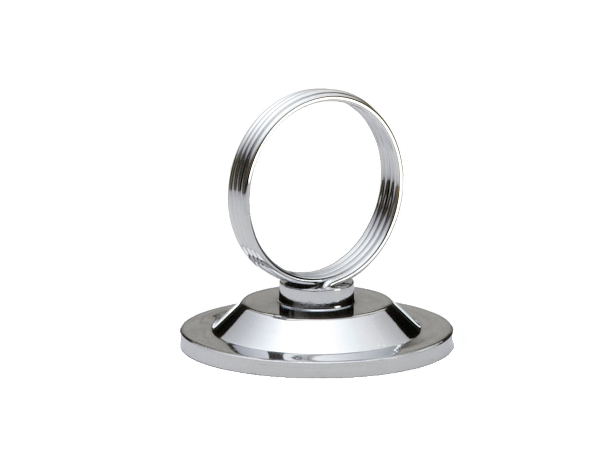 A sleek, minimalistic TableCraft cardholder featuring a nickel plated finish, round base, and vertical coiled loop at the top for holding cards or notes. The modern number clip stands out against the plain white background.