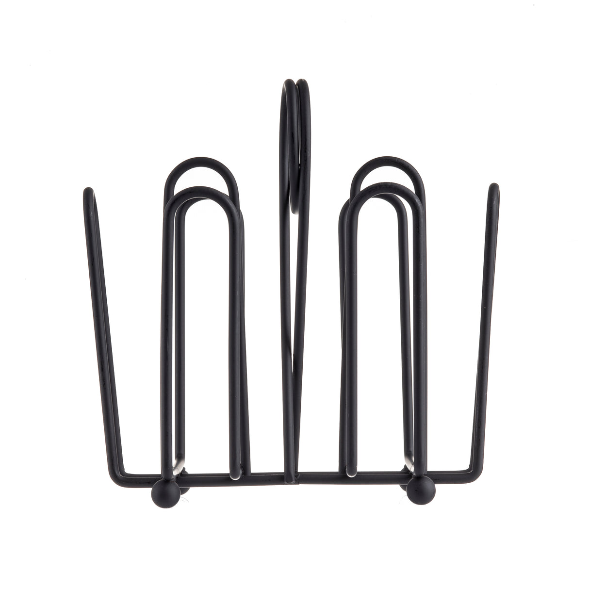 A black powder coated metal napkin holder with a geometric, open-frame design; it features upright, U-shaped wire loops forming a symmetrical structure—perfect as a Jelly Packet Rack. The holder sits on small rounded feet.