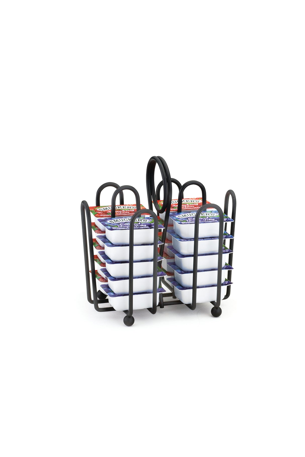 A black powder coated metal packet holder caddy holds two stacks of rectangular white butter trays with red and blue packaging. The caddy has curved handles, four round feet, and is placed on a white background. Perfect as a Jelly Packet Rack.