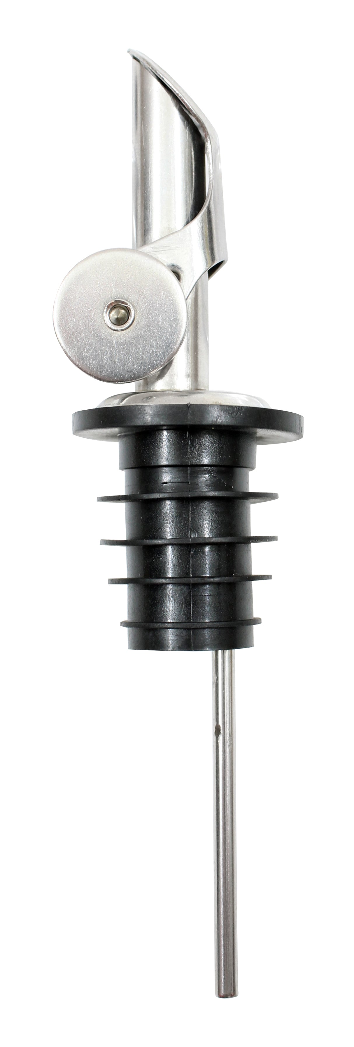 A metal and plastic Flip Cap Pourer features BPA free black rubber fins for sealing in a bottle neck, with a stainless steel spout and hinged cap attached for easy dispensing.