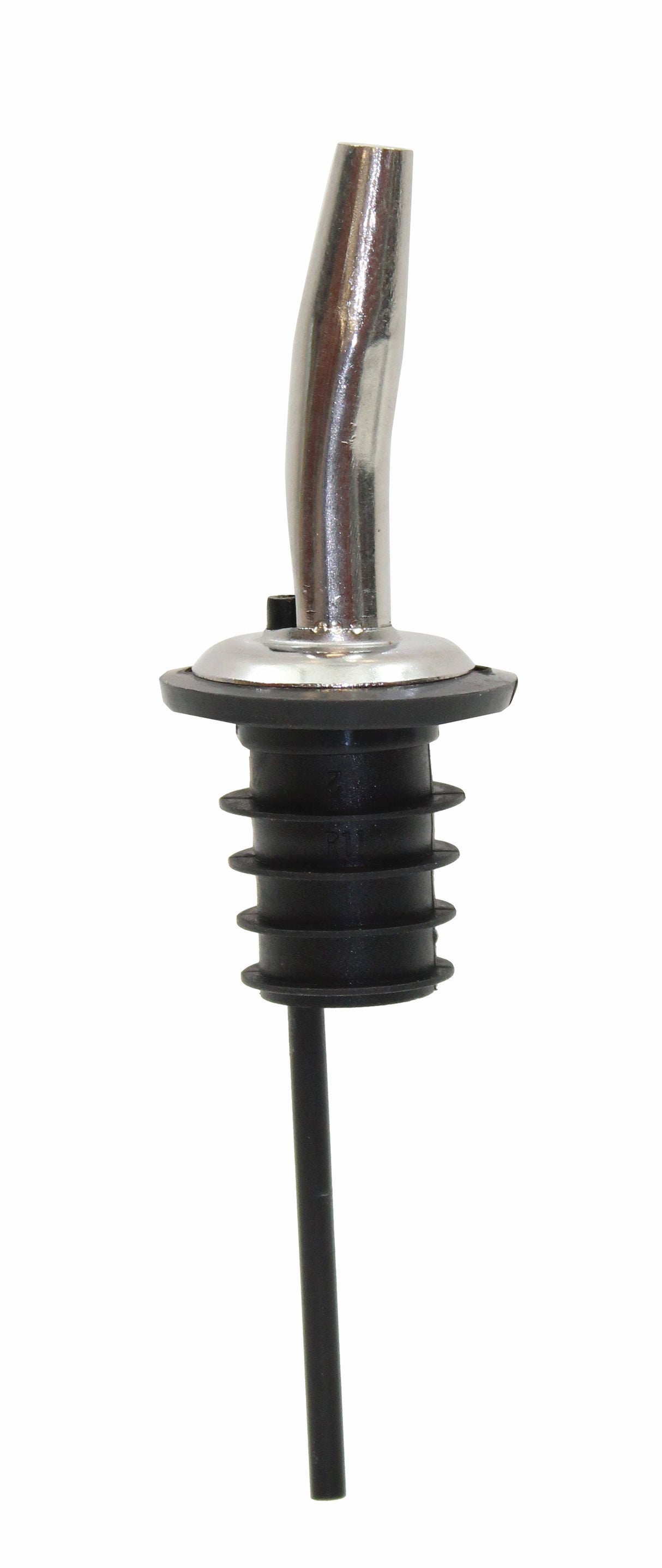 A TableCraft pourer featuring a stainless steel pourer with a curved silver nozzle, black rubber stopper fins, and a long plastic vent tube for smooth, controlled pouring of liquids from bottles. The background is plain white.