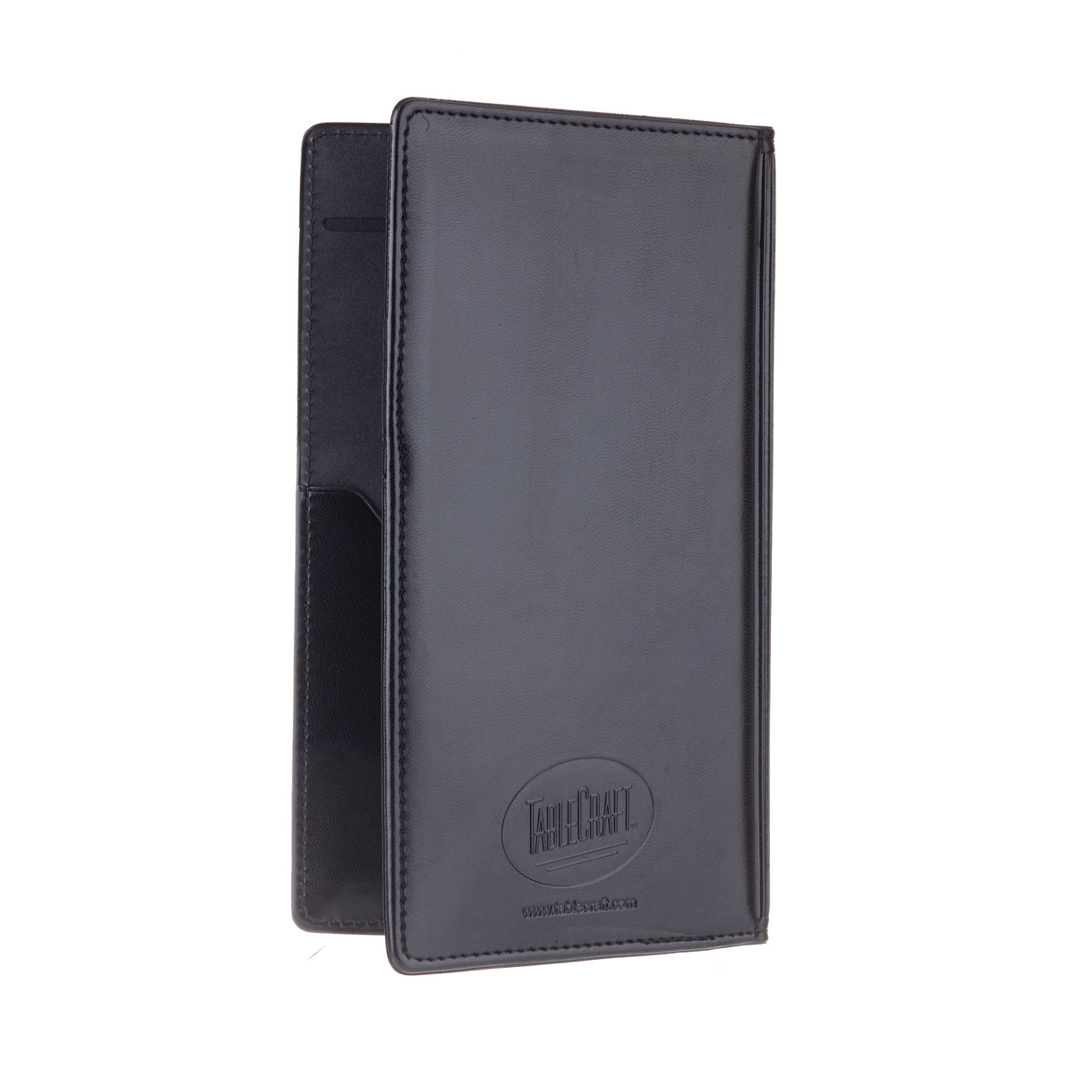 A TableCraft black vinyl Check Presentation Holder, partially open, displays an embossed logo reading Tough That Hold Your Cash. Detailed stitching lines the edges, and the inside pocket is slightly exposed for convenience.