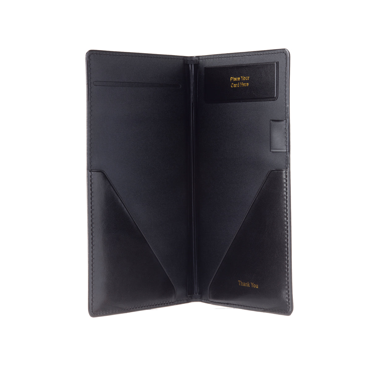 A black vinyl Check Presentation Holder by TableCraft is open, revealing two angled pockets, a slot labeled Place Your Card Here at the top right, and Thank You embossed in gold on the lower right inside flap.