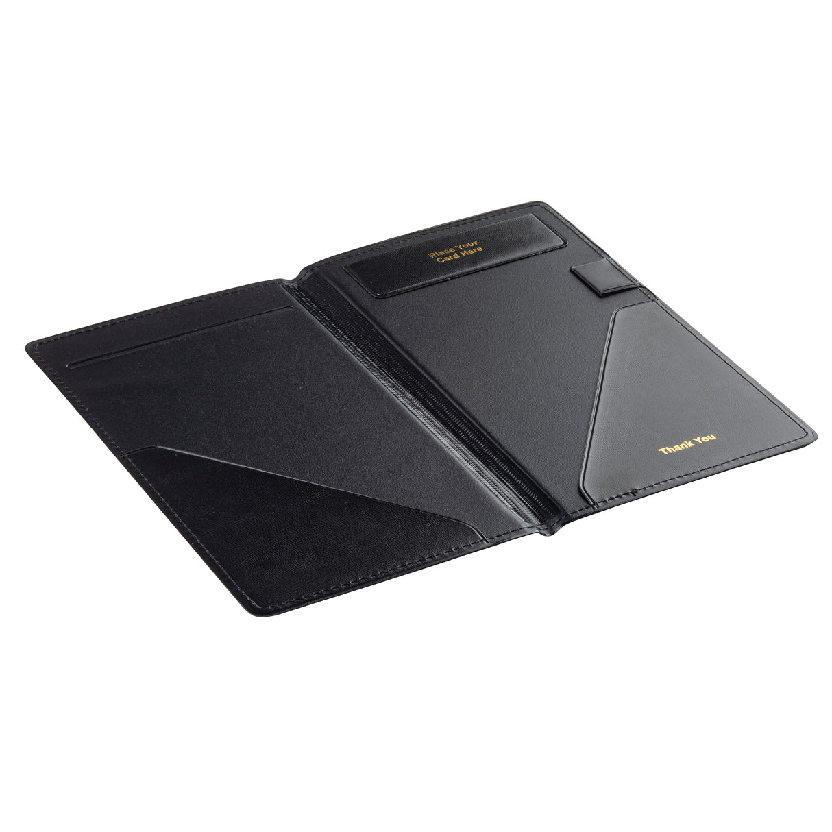 An open TableCraft check presentation holder in black leather with angled card slots and "Thank You" embossed in gold on the inner right. The left side has a large pocket, and a small rectangular compartment sits at the top right, all set against a white background.