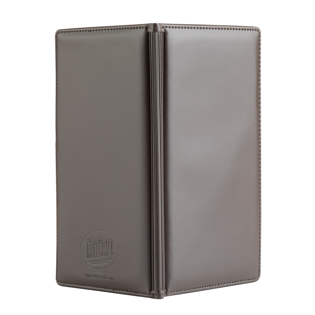 A closed, gray check presentation holder by TableCraft stands upright with a stitched border, vertical spine, and an embossed circular logo near the bottom left corner. The smooth surface is slightly reflective, resembling brown vinyl in texture.