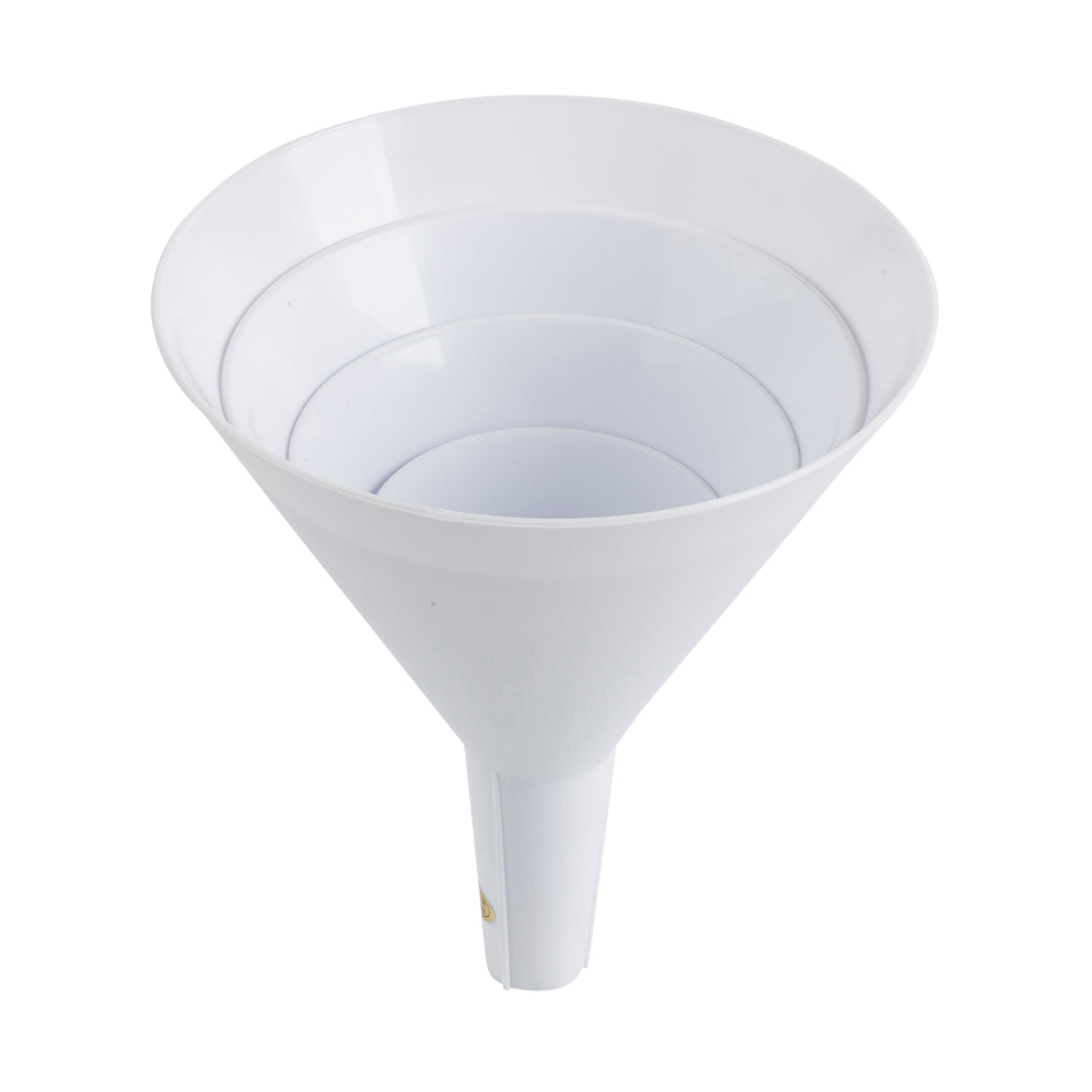 A white plastic funnel with a wide circular top and narrow stem, ideal for transferring liquids or powders into containers with small openings. This dishwasher safe funnel is clean and shown against a plain white background.