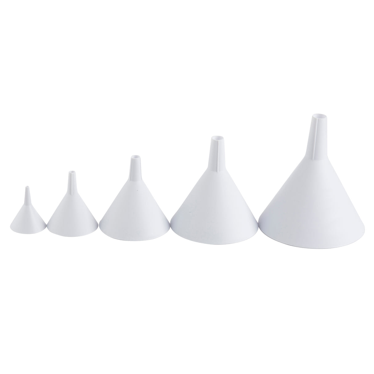 A plastic funnel set featuring five white funnels of increasing size is arranged in a row on a plain white background. Each dishwasher safe funnel has a wide base and narrow spout, creating a minimalistic, well-lit presentation.