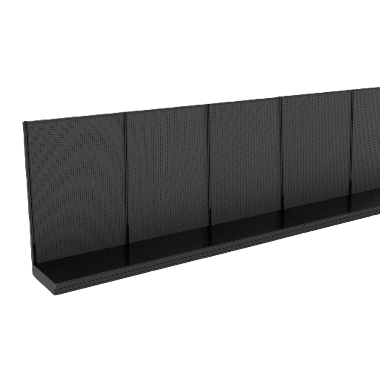 A long, empty Kent Unlimited black retail display shelf with perforated back panels and five base sections. This 240"W wall unit is angled right, showcasing its depth, modular design, and potential for versatile wall storage. No products or signage are present.
