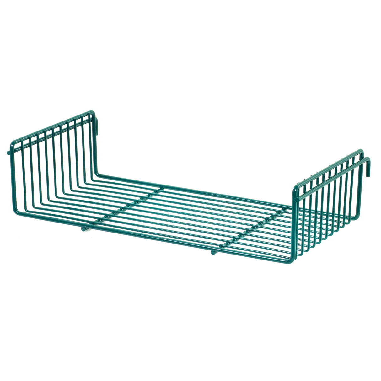 A green Metroseal 3 metal wire shelf with open sides and a flat bottom. The ends curve upward for support, with hooks for hanging under a shelf or cabinet, and features Microban antimicrobial protection for extra storage safety.