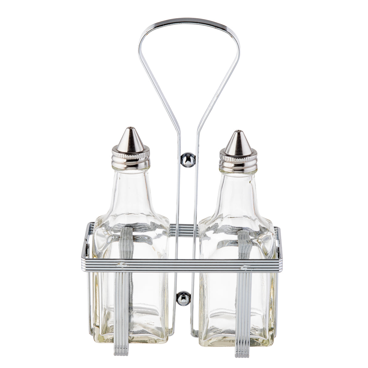 Two clear glass bottles with stainless steel tops are held upright in a rectangular metal caddy. The Oil & Vinegar Dispenser set features vertical bars and a tall looped handle for easy carrying, with both bottles empty and positioned side by side.