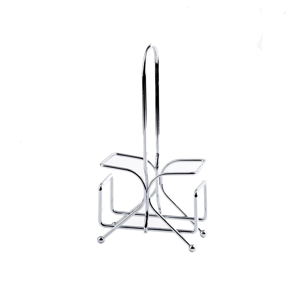 A chrome-plated TableCraft rack with a vertical handle and four curved sections, designed to hold napkins or small plates, stands on four rounded feet against a plain white background.
