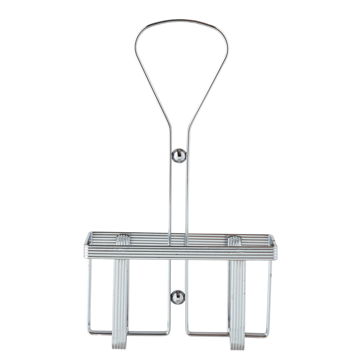 A chrome plated TableCraft wall-mounted shower rack with a rectangular basket, two supporting vertical bars, a top handle for hanging, and two screw holes for mounting. The rack is empty and displayed against a white background.