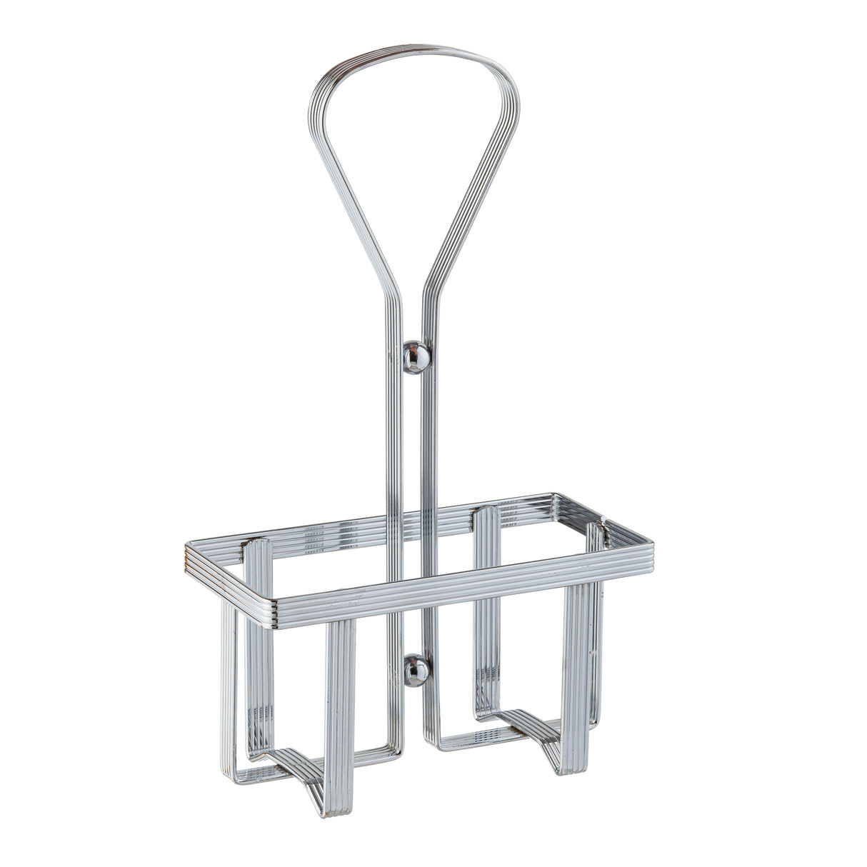 A minimalist, silver-colored TableCraft shower caddy rack featuring a chrome plated metal wire basket and a tall, looped handle. Designed to hang in your bathroom for stylish and practical toiletry storage.