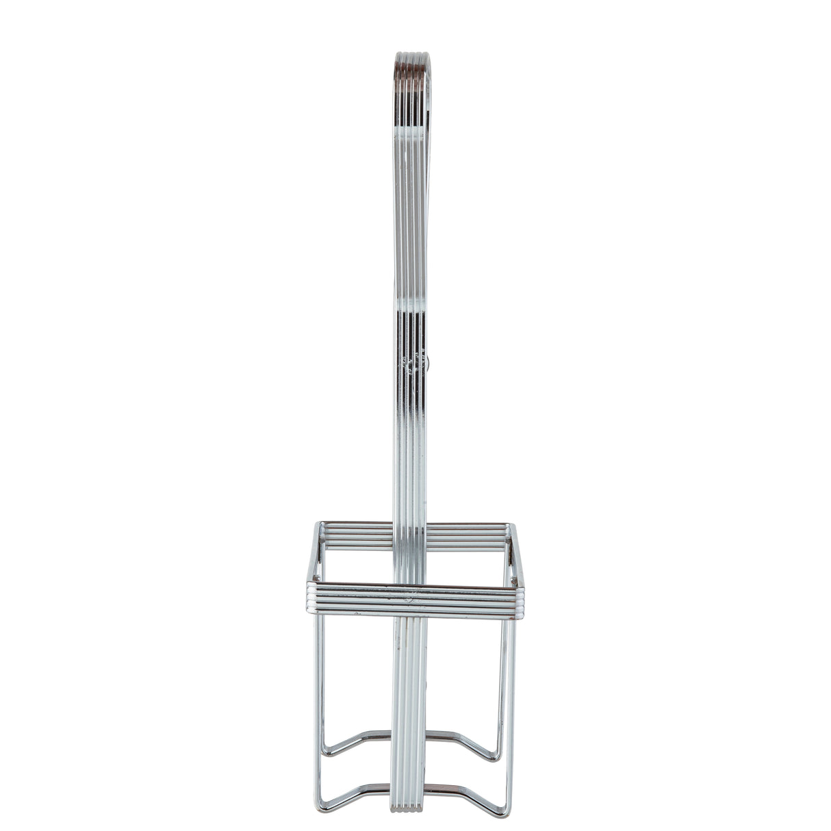 A chrome plated TableCraft rack with a square base and vertical handle, designed to hold kitchen or dining utensils. The minimal wire frame construction features a handle that extends upward from the center of the base.