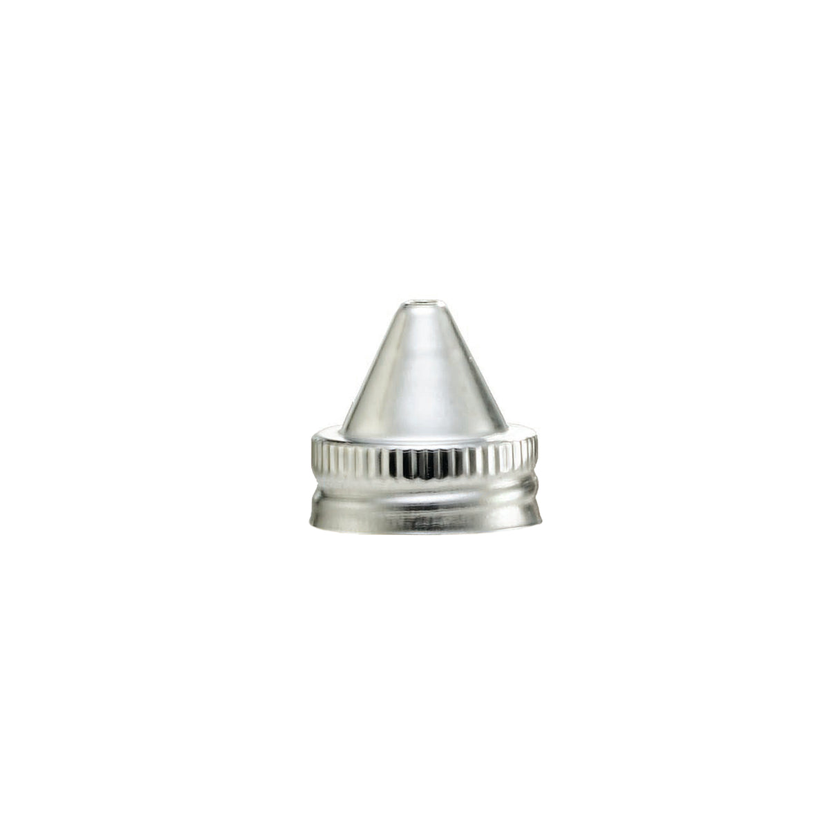 A close-up of a single TableCraft Products stainless steel icing piping tip with a ribbed base and smooth, conical nozzle, centered on a plain white background and designed to be dishwasher safe.