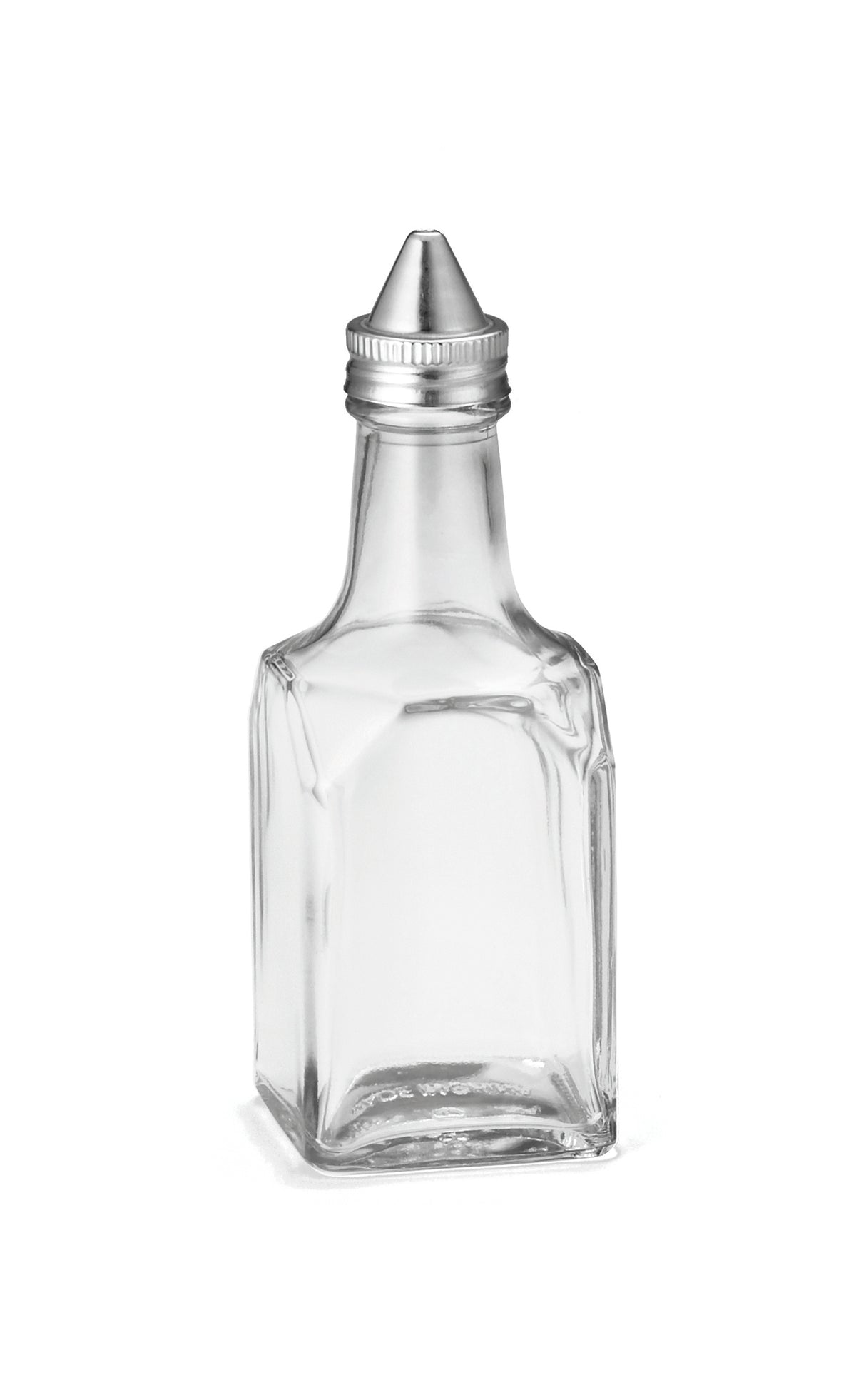 A clear, empty glass dispenser with a square base and rounded shoulders, topped with a stainless steel cone-shaped spout and screw cap, is centered on a white background—perfect as an oil & vinegar dispenser.