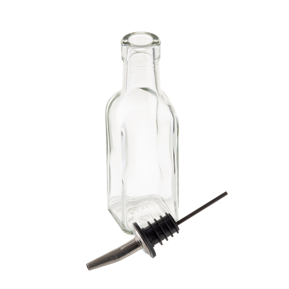 A clear, empty 6 oz. glass bottle stands upright next to a stainless steel pourer with a rubber stopper, both on a white background. The bottle has no label and features a narrow neck, while the pourer is placed in front of it—ideal for Oil & Vinegar Bottles.