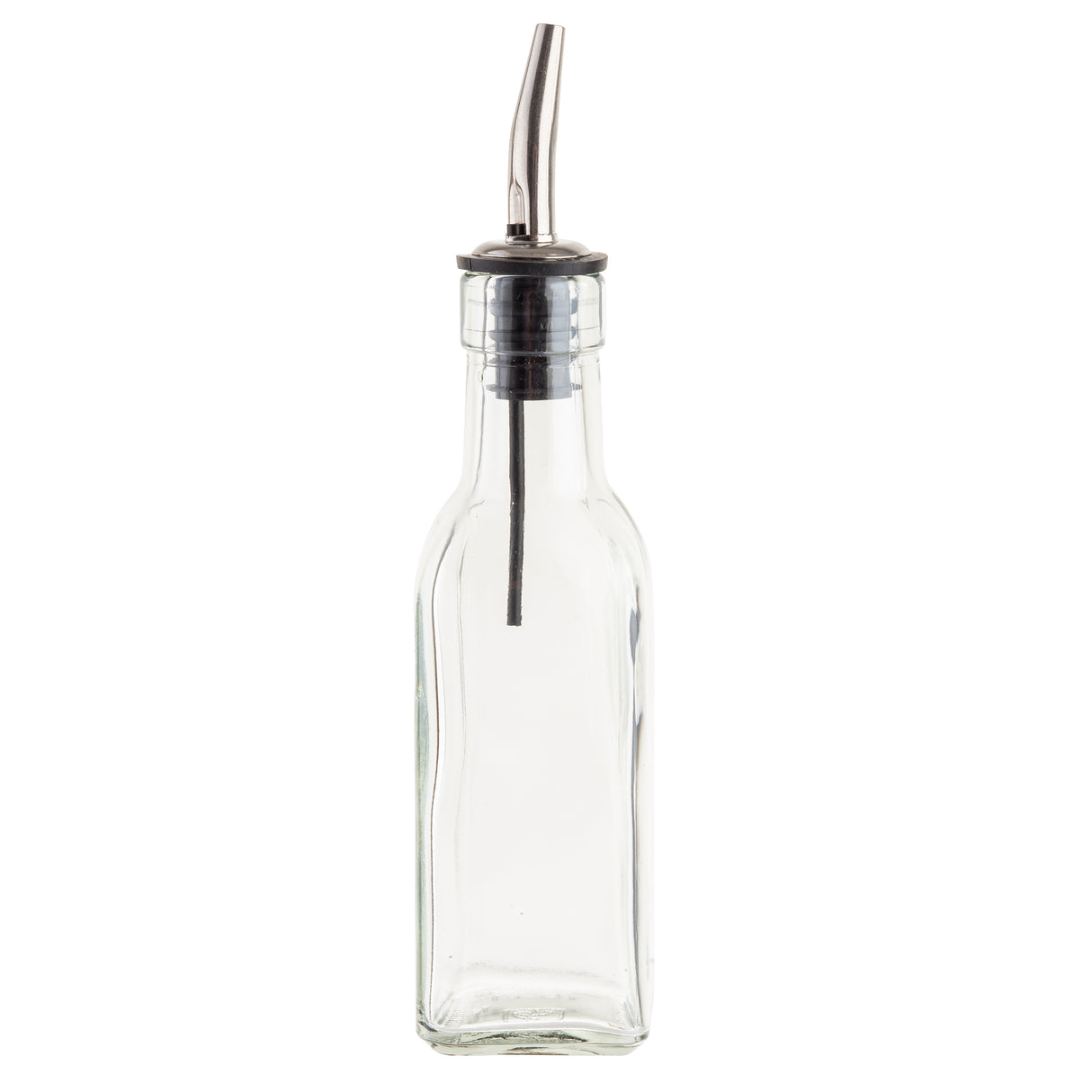 A clear, empty glass Oil & Vinegar Bottle with a square base and narrow neck, topped with a stainless steel pourer and black rubber stopper. The spout has a curved nozzle for controlled pouring, like the TableCraft 60125 used in kitchens and restaurants.