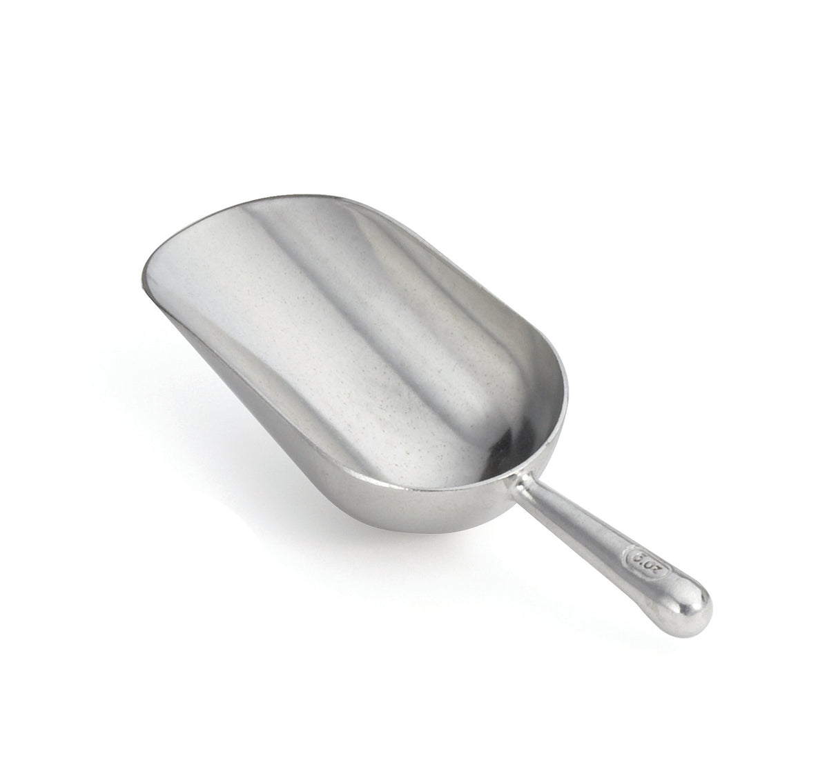 A shiny, aluminum Ice Scoop with a deep, oval-shaped 5 oz. bowl and a short, thick handle. The scoop rests on a white background, angled so the bowl faces partially upward and the handle points toward the lower right corner.