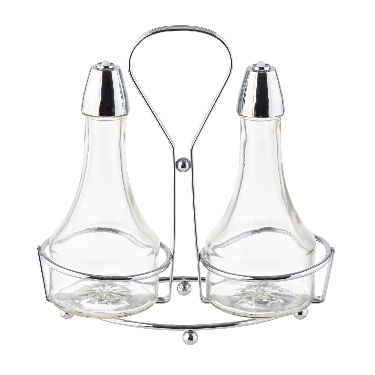 Two clear glass bottles with metal lids sit side by side in a shiny chrome plated rack with a handle. Designed as an Oil & Vinegar Dispenser, the elegant set features wide bases and narrow necks for easy pouring of your favorite liquids.