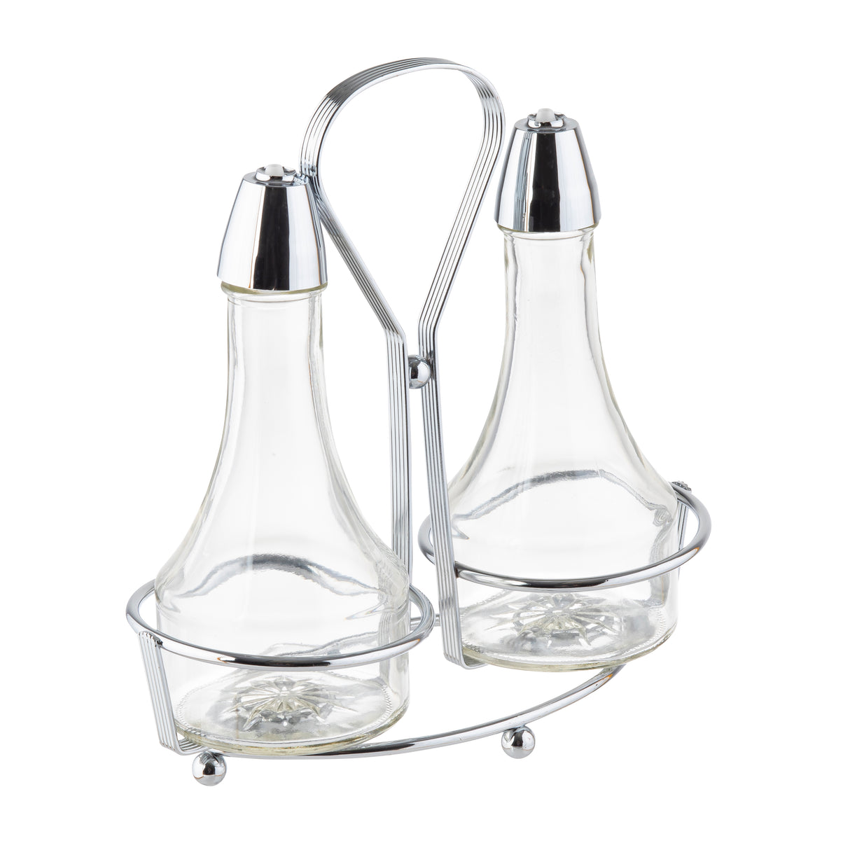 Two clear glass bottles with silver caps are held upright in a modern chrome plated rack with a looped handle. The Oil & Vinegar Dispenser set is empty, and the holder features round feet for stability and a sleek, contemporary design.