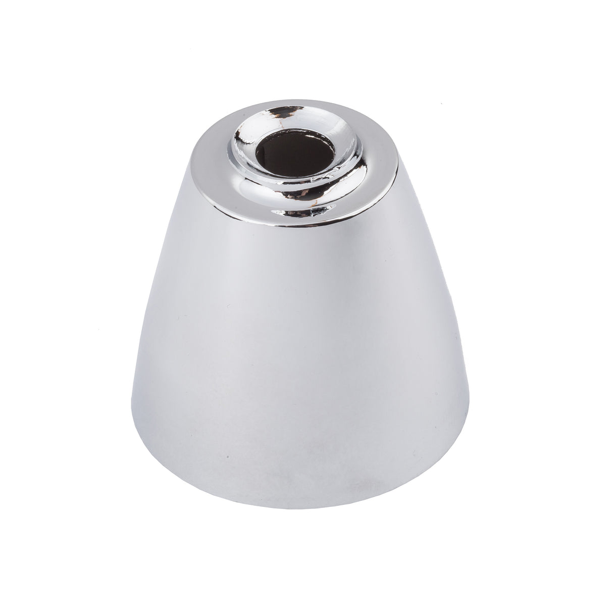 A shiny, metallic, cone-shaped object with a flat base and a circular hole on top, the TableCraft 608T features a polished, chrome plated surface reminiscent of an Oil & Vinegar Dispenser escutcheon, set against a plain white background.