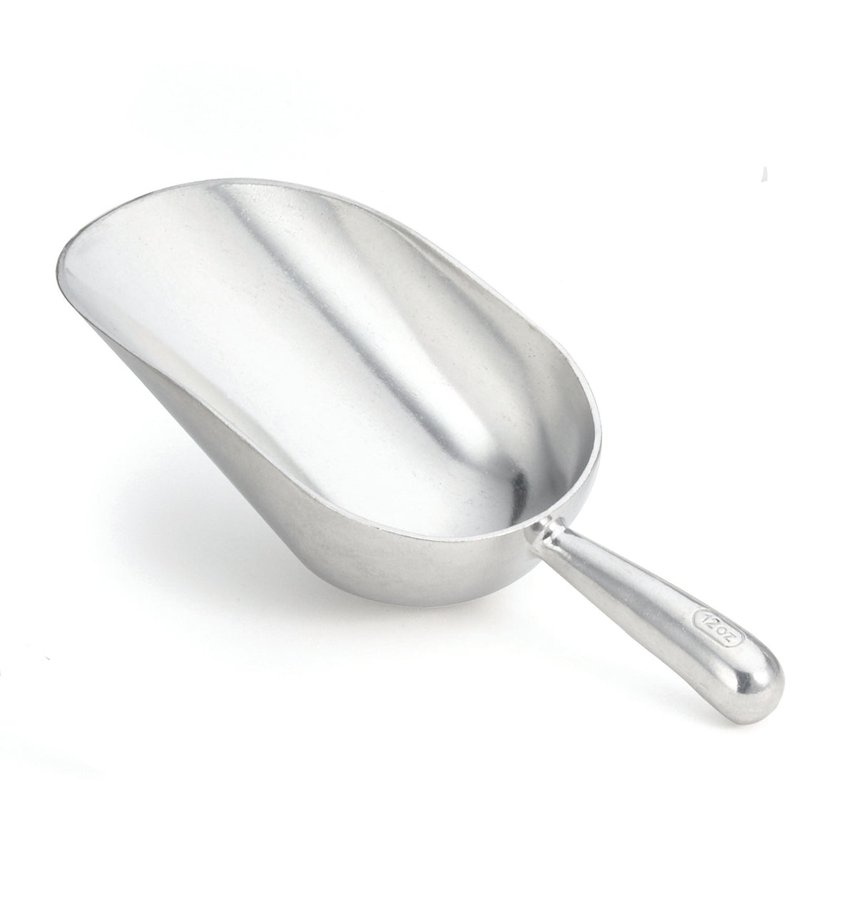 A shiny, aluminum Ice Scoop with a wide, deep bowl and a short, sturdy handle marked “12 oz.” The handle is rounded for comfort. Perfect for scooping dry goods like flour, grains, or ice. The background is plain white.