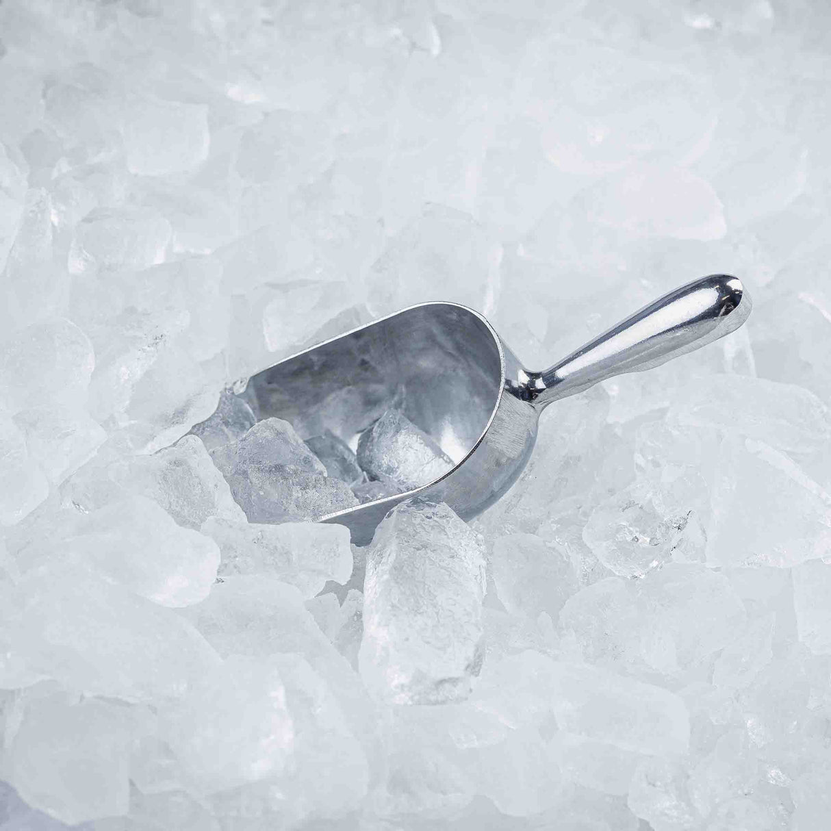 A 12 oz. aluminum ice scoop is partially buried in a pile of clear, irregularly shaped ice cubes. The shiny scoop handle faces upward, with ice surrounding and partially filling the scoop. The background is entirely filled with ice.