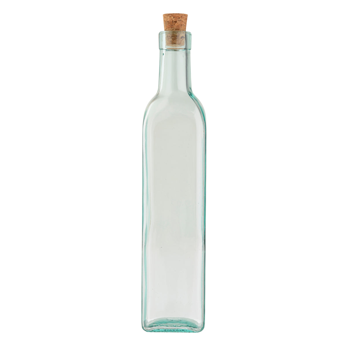 A tall, empty TableCraft olive oil bottle made of green tinted glass with a square base and straight sides, topped with a round cork stopper. The bottle is shown against a plain white background.