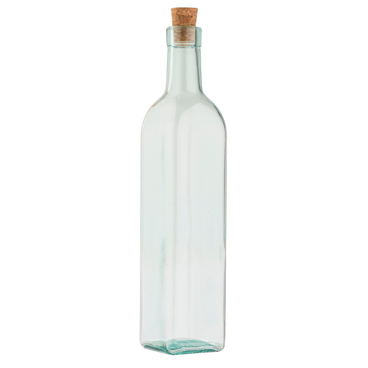 A tall, clear TableCraft olive oil bottle with a square base and slightly rounded shoulders, topped with a natural cork stopper. The empty bottle is set against a plain white background.