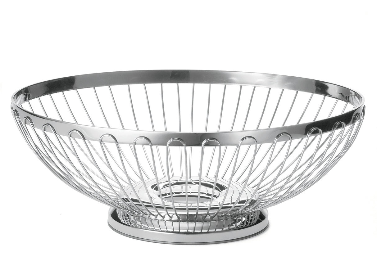 A round, shallow TableCraft Regent Basket made of shiny stainless steel, featuring vertical bars and an open design with a circular base. The plain white background highlights the basket's reflective metallic surface and modern, minimalist style.