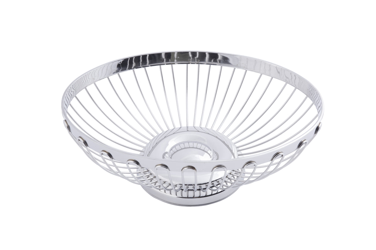 A round, silver stainless steel basket with an open design and solid circular base. The wires curve outward to form a modern, airy bowl shape. This TableCraft Regent Basket is empty and photographed against a white background.