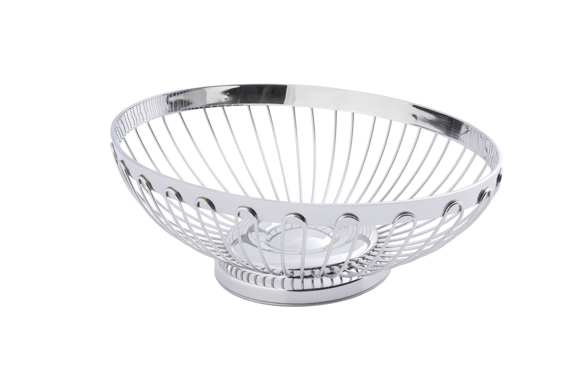 A round, silver TableCraft Regent Basket features an open design with evenly spaced vertical wires, a smooth circular rim, and a solid coiled base. This stainless steel basket sits empty on a white background.