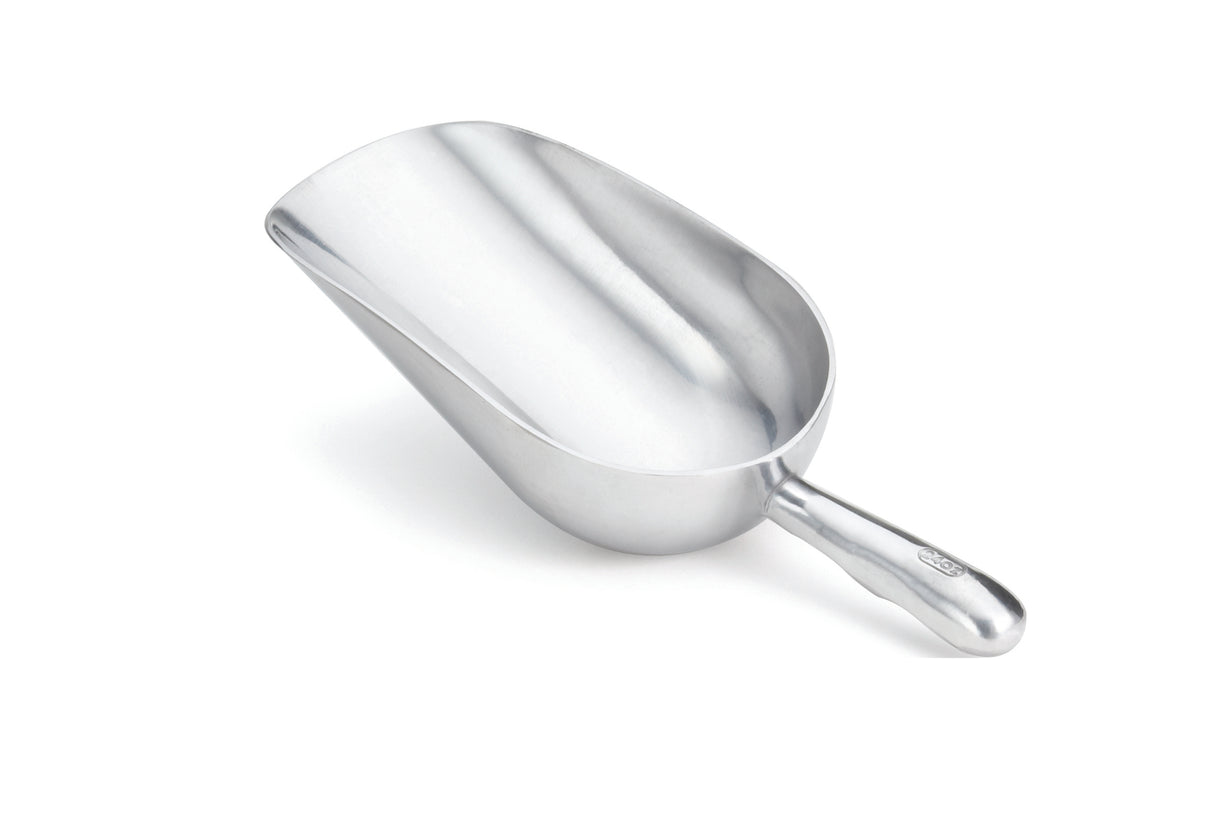 A shiny aluminum ice scoop with a deep, curved bowl and a sturdy handle rests on a white background. This 24 oz. scoop is commonly used for serving bulk dry goods such as flour, sugar, or ice.